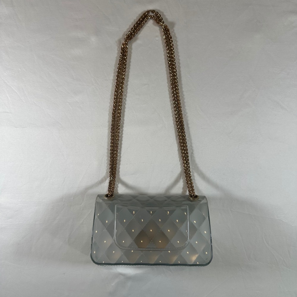 Clear Quilted Jelly Crossbody Mini Bag Shoulder Purse 6.25"x 4" Gold Chain Strap - Picture 7 of 10